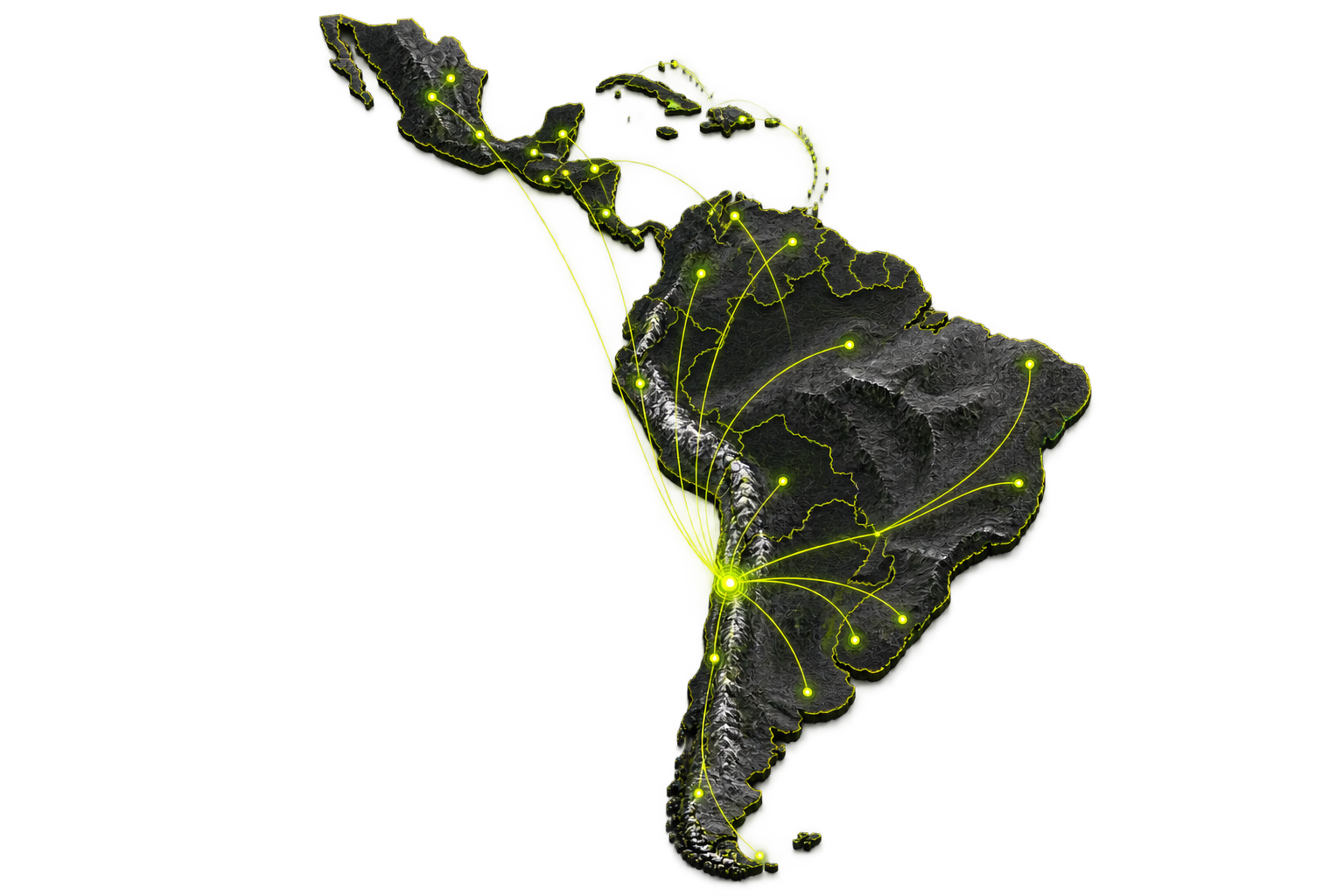 Mapa de América Latina destacando la cobertura regional de ATOMS LATAM desde Chile